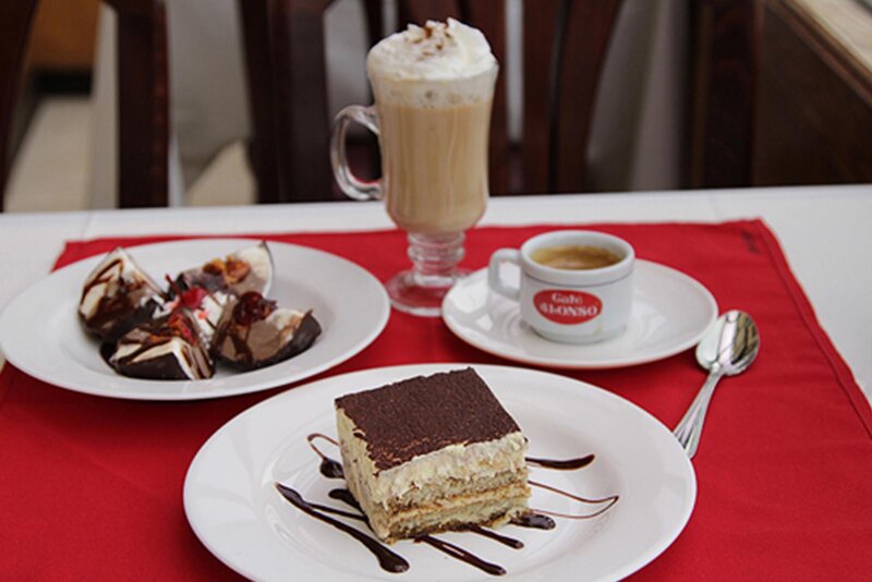 Tartufo, tiramisu desserts with coffee drinks