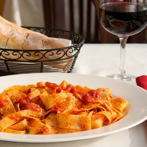 Pappardelle pasta with tomato sauce, a glass of red wine, and a bread basket on a white tablecloth.
