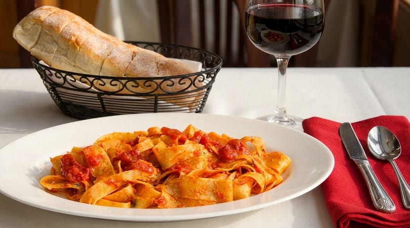 Pappardelle pasta with tomato sauce, a glass of red wine, and a bread basket on a white tablecloth.