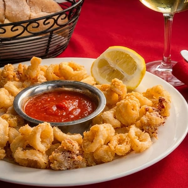 Fried calamari with marinara sauce and a lemon wedge, alongside bread, wine, and cutlery.