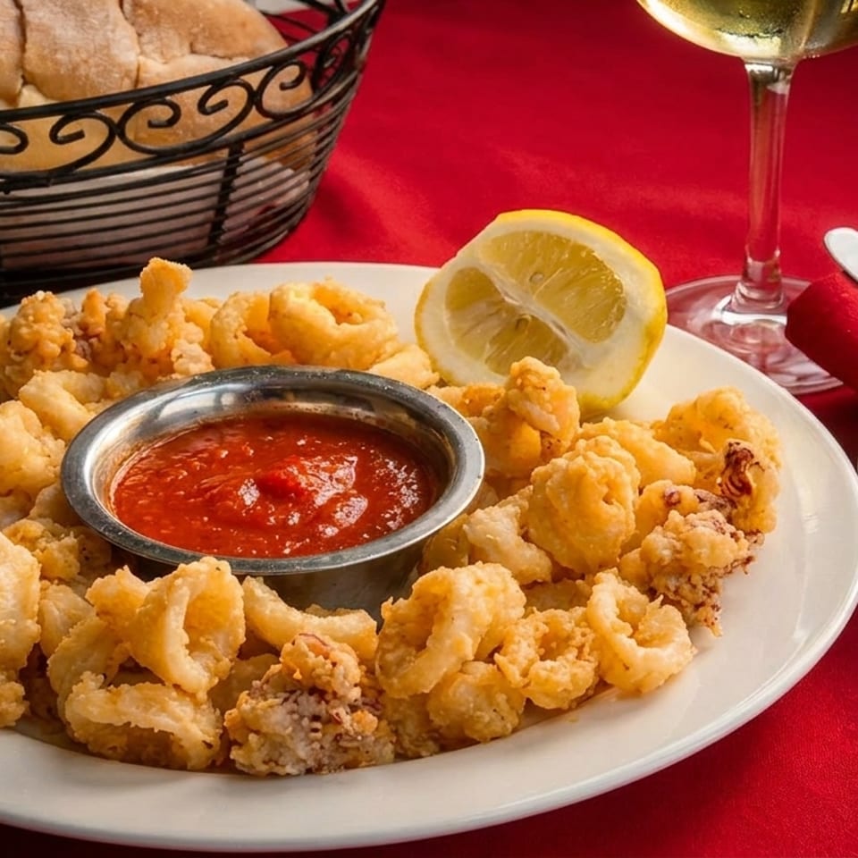 Fried calamari with marinara sauce and a lemon wedge, alongside bread, wine, and cutlery.
