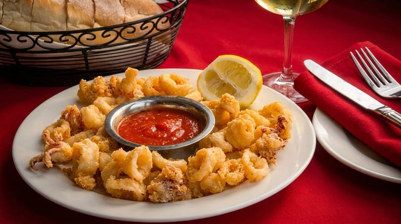 Fried calamari with marinara sauce and a lemon wedge, alongside bread, wine, and cutlery.