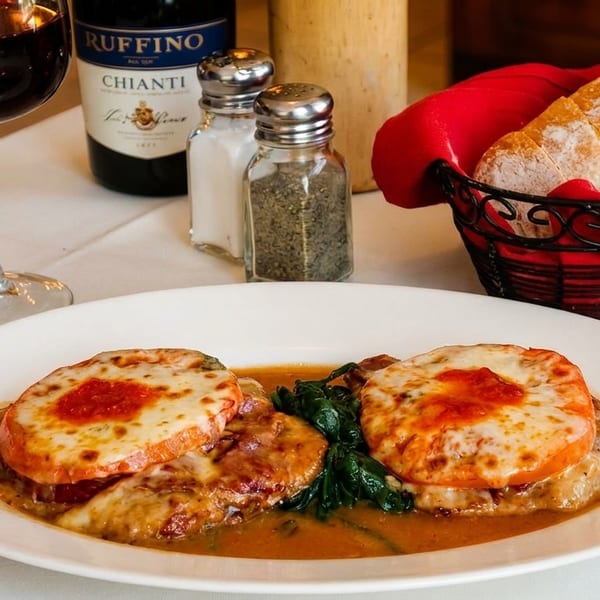 Chicken parmesan with melted cheese and tomato, spinach, red wine, and bread on a white tablecloth.