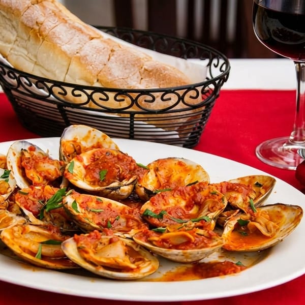 Steamed clams in red sauce on a white plate, with bread, wine, and silverware on a red tablecloth.