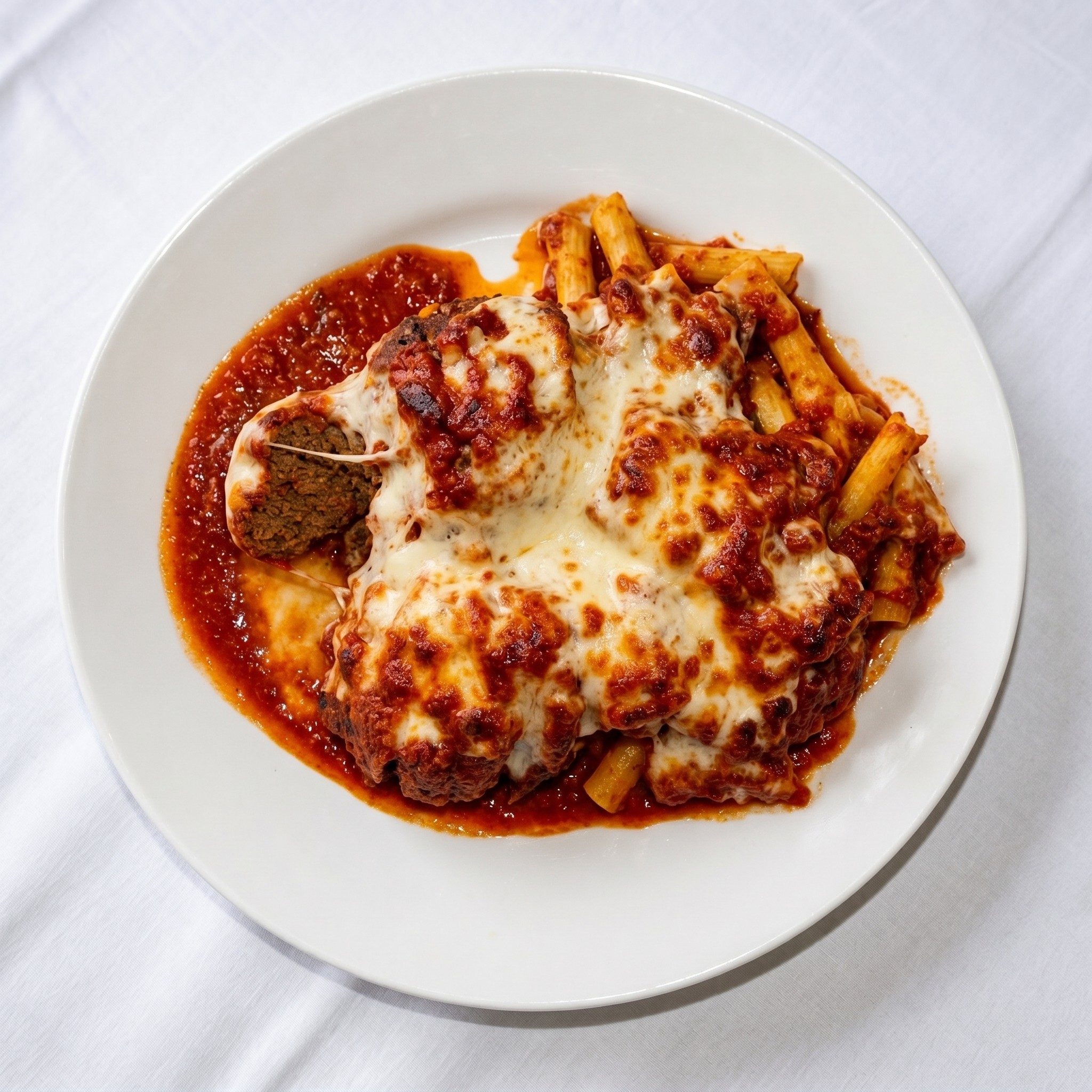 Ziti with Meatball or Sausage Parmigiana.